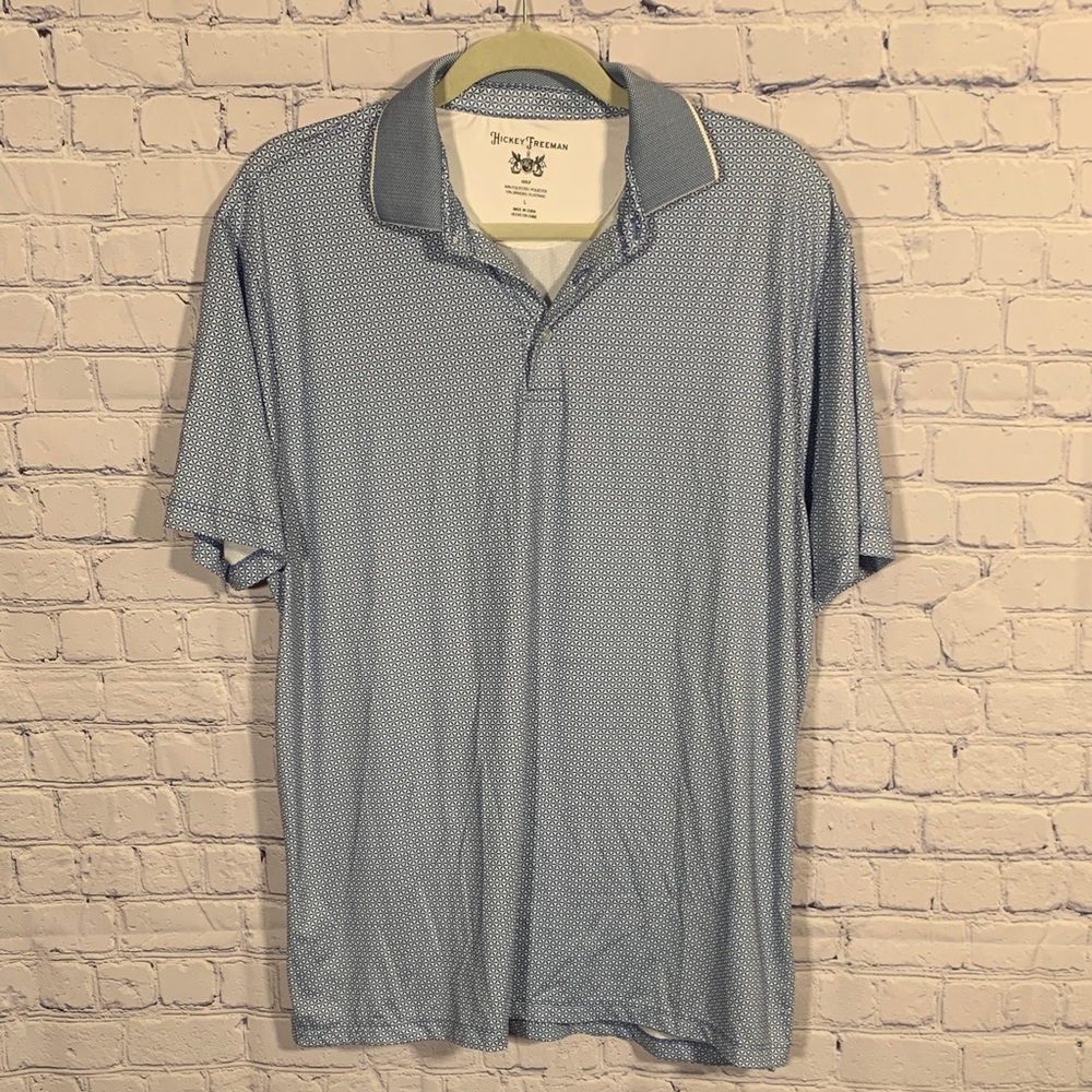Hickey Freeman Mens Printed Golf Polo Short Sleeve Blue White Sz L Preppy Casual